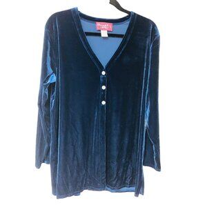 Denim & Co Womens L Topper Duster Sweater Navy Velour Velvet Jacket Stretch QVC